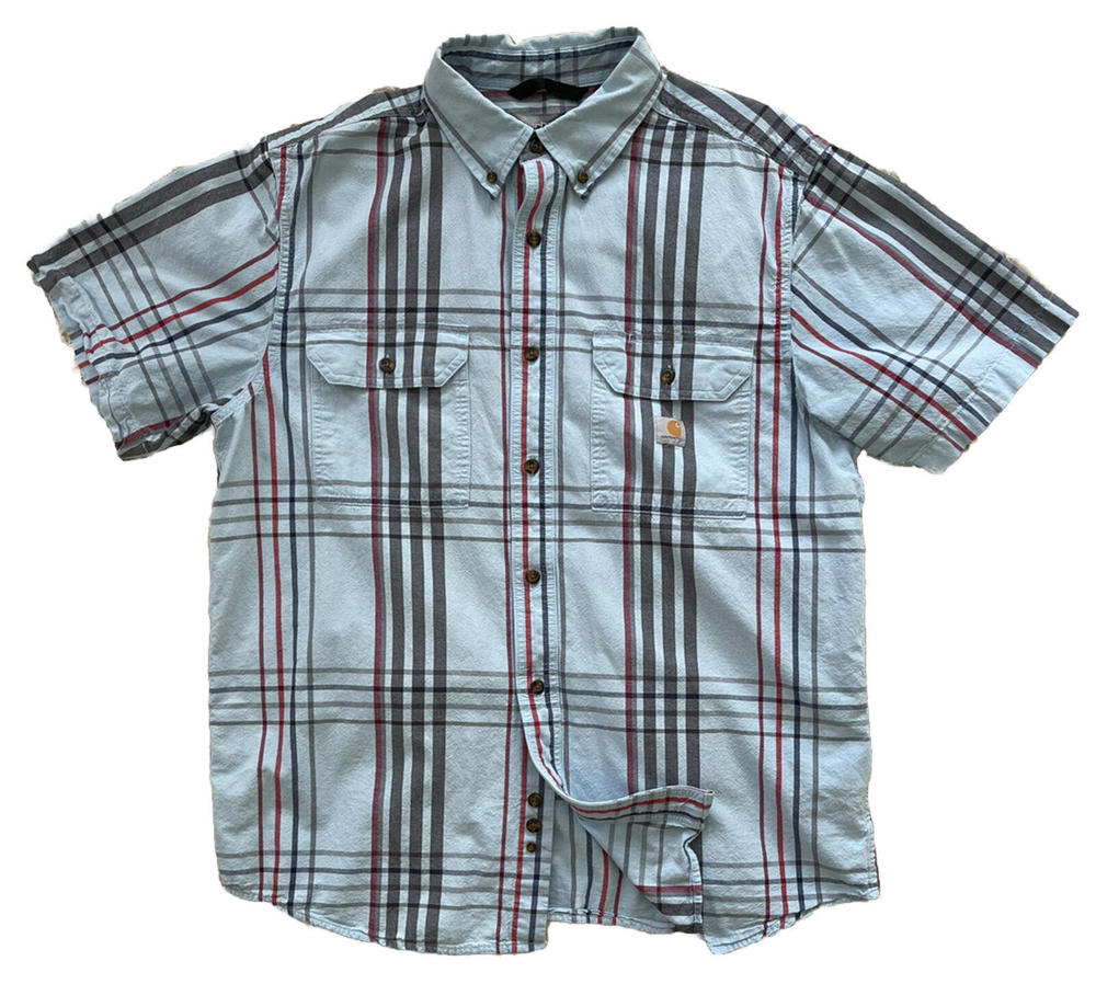 Carhartt Mens Large Loose Fit Short Sleeve Button Up Shirt Cotton Blue Plaid